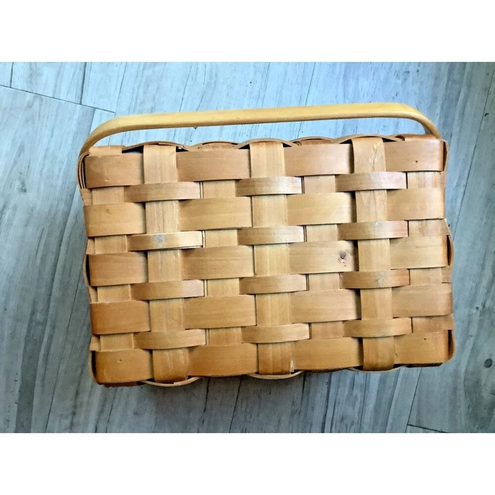 Vintage Wicker Sewing Basket Storage Box Blue Padded Lid Handle Cottagecore